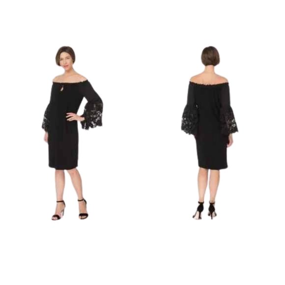 Joseph Ribkoff Guipure Bell Sleeve Women's X-Small Lace Trim A-Line Black Dress - Picture 2 of 15